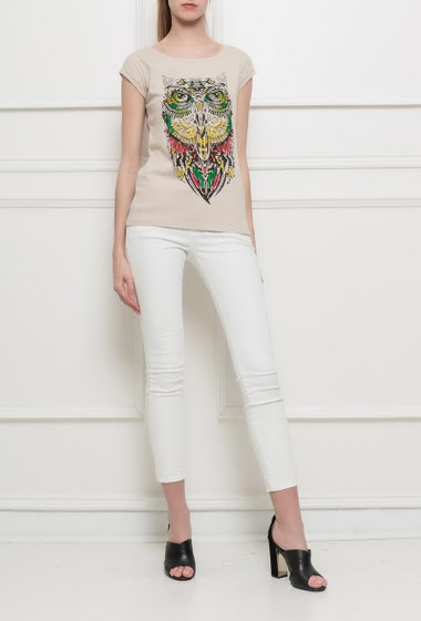 Short sleeves t-shirt with printed owl, strass, basic fit