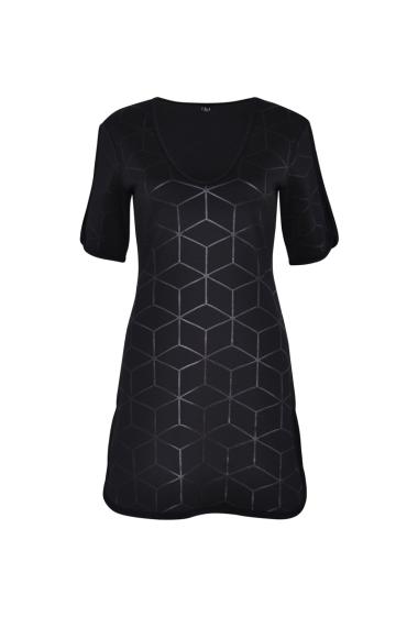 Printed dress with geometric pattern, short sleeves