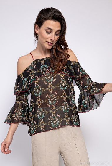 Blouse with printed flowers, cold shoulder design