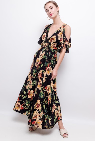 Long floral dress, openwork sleeves, wrap collar, elastic waist. The model measures 171cm. Length: 130cm