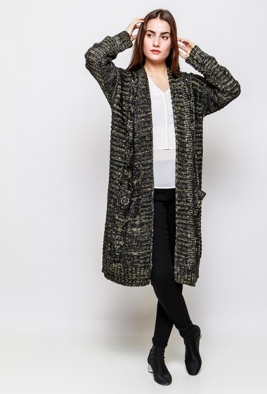 Open cardigan, thick knit with lurex, decorative eyelets, long fit. The model measures 172cm and wears S/M