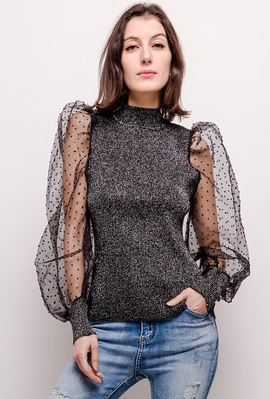 Iridescent sweater, transparente sleeves. The model measures 178cm and wears M/L. Length:57cm
