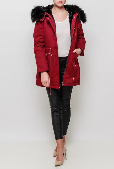 Burgundy parka with hood decorated with removable fur, faux-fur lining for extra warmth, functional pockets, drawstring waist, zip placket with press-stud closure, casual and trendy style