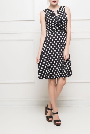 Wrap midi dress with printed polka dots, button keyhole back, stratch fabric, flared fit