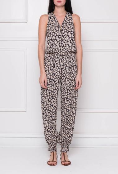 Sleeveless jumpsuit in printed cotton, elastic waist, zipped V neck and smocked ankles