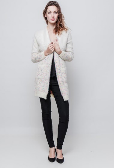 Soft knitted cardigan, open front, pockets. The model measures 177 cm and wears S/M - Brand EXTELLE