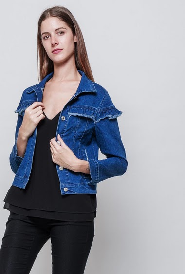 Denim jacket, ruffles, casual fit. The mannequin measures 180 cm and wears T1 - Brand L'Olive verte