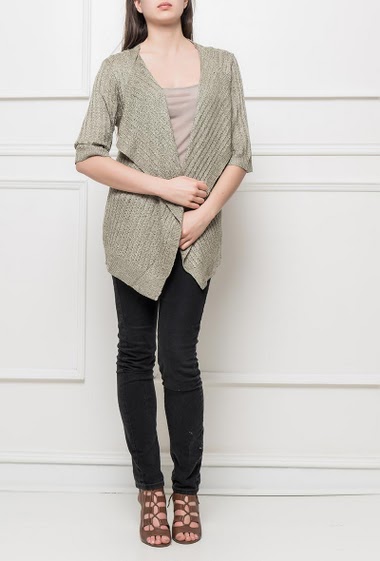 Knit cardigan, open front, waterfall collar, long fit