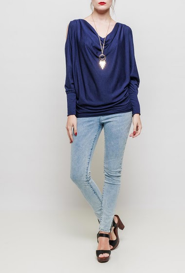 Cold shoulder top, removable necklace, draped collar, long sleeves, stretch fabric, textured touch - TU corresponds to 38-40