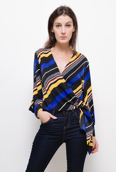 Wrap blouse with colorful stripes,The model measures 178cm and wears S. Length:55cm