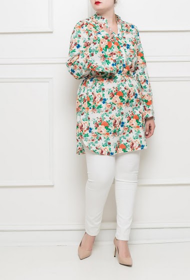 Tunic with printed flowers, flared long sleeves, button V neck, belt - T3(42/44) - T4(46/48) - T5(50/52)
