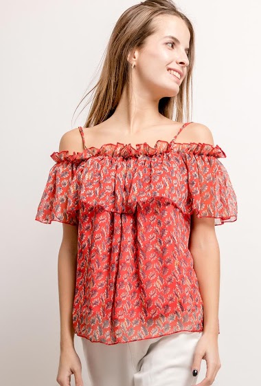 Blouse with ruffles, printed flowers, gold pattern. The model measures 171cm and wears S. Length:60cm
