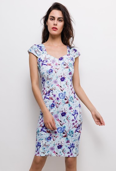 Slim dress, printed flowers. The model measures 176cm and wears S. Length:95cm