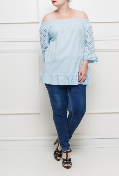 Bardot top with ruffle border, off shoulder design, eyelet embroidery - TU corresponds to T40/44