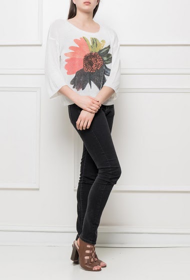 Knit sweater with printed flower, casual fit